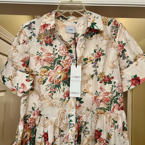 $1645 Erdem Ecru Multi Flared Cuff Fit & Flare Floral Linen Shirt Dress Size 12 - Picture 8 of 11